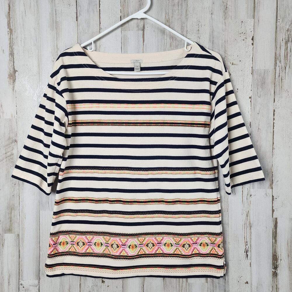 J.Crew Stitchwork Stripe Embroidered Aztec Top Size Small